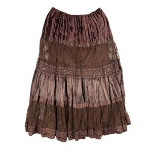 Vtg Whimsigoth Brown Tiered Maxi Skirt Velvet Lace & Sequins Boho Fairycore Sz M